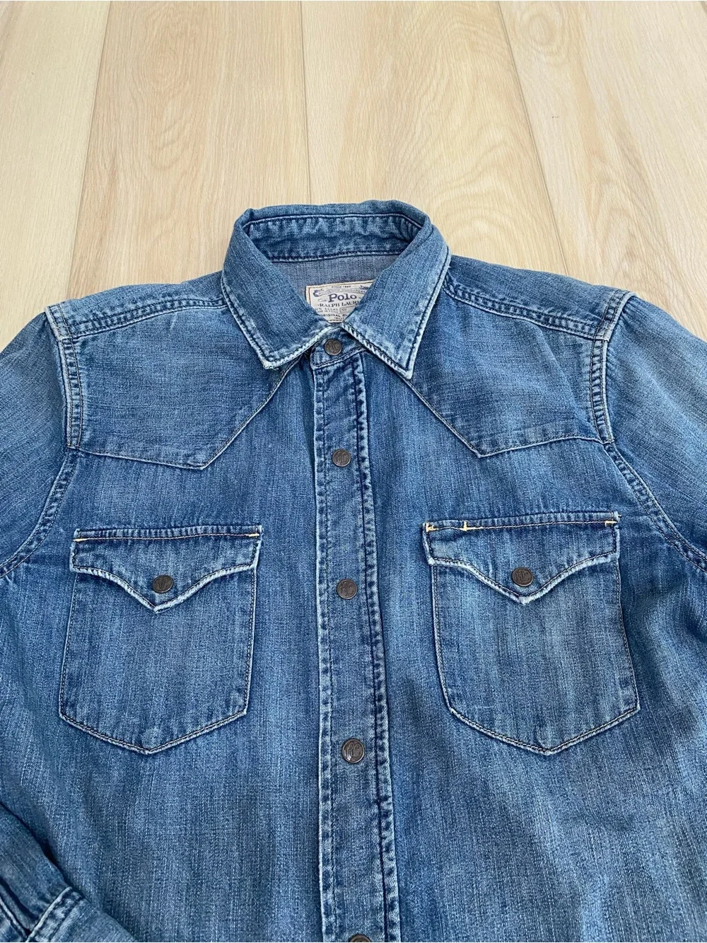 Ralph Lauren Distress Repair Western Shirt Denim Fade Blue Pearl Snap Polo